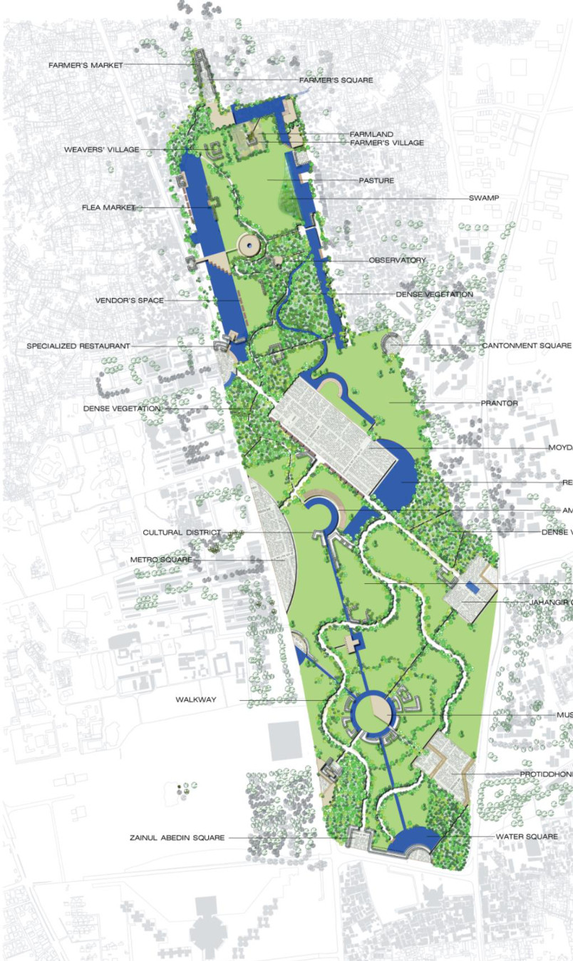 Landscape masterplan with labelled civic spaces, water, and vegetation