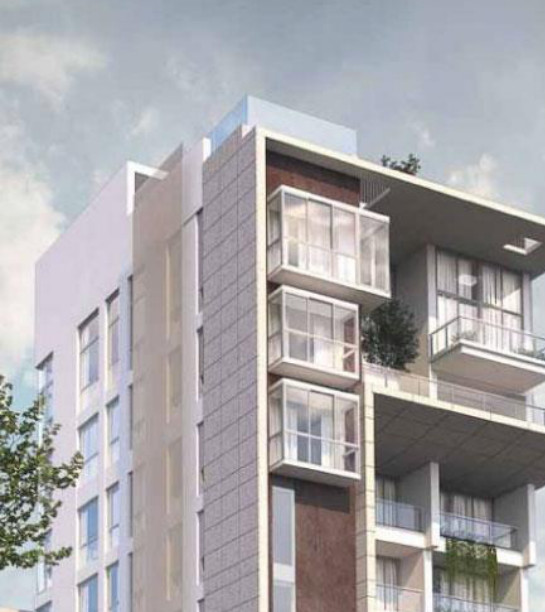 Rendered multi-storey residential facade with planted balconies