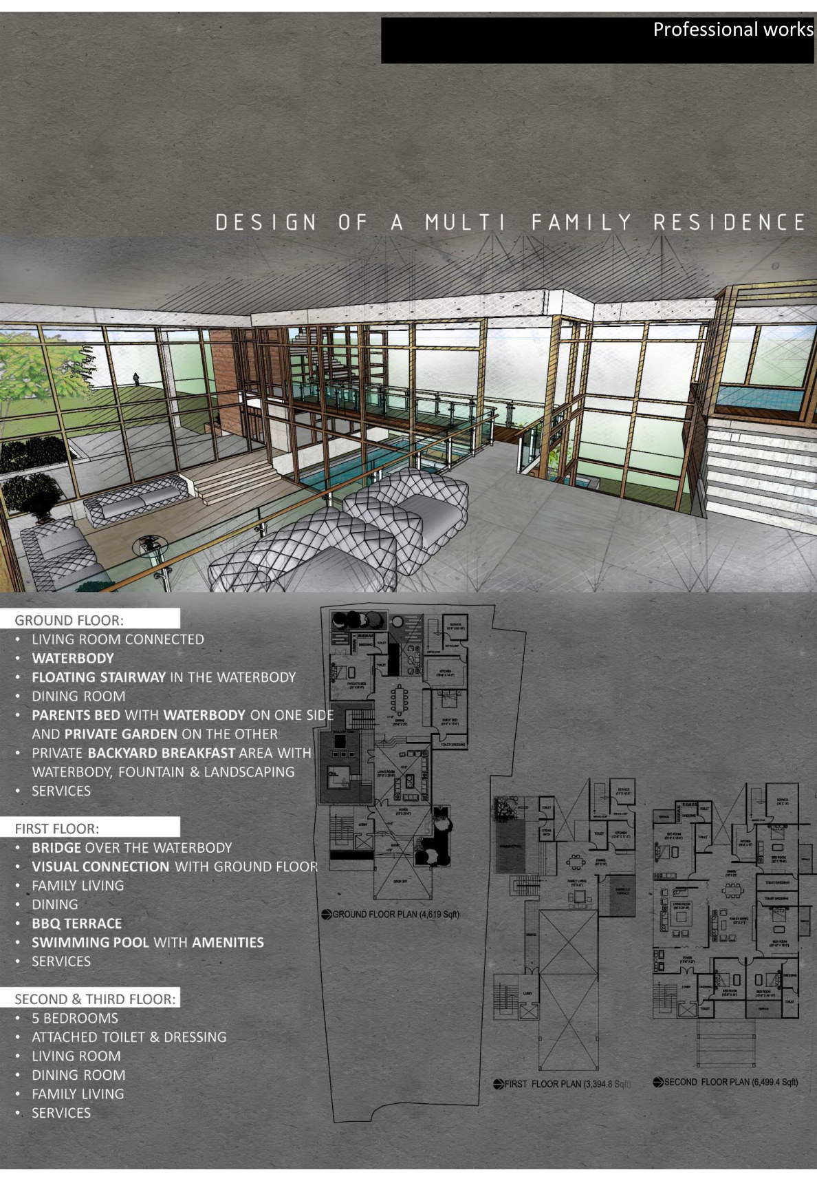 Interior perspective and floor plans of a multi-family residence organised around a waterbody